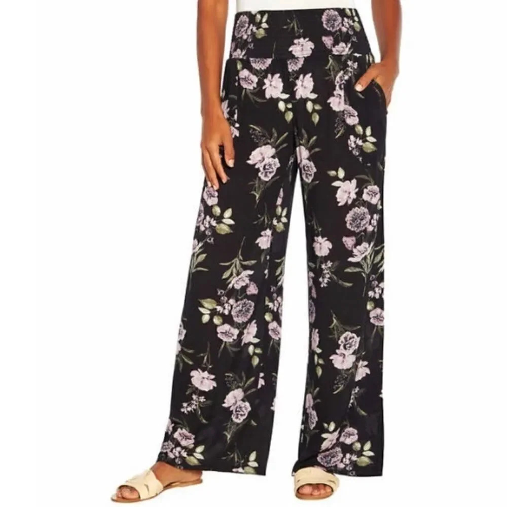 Three Dots Wide-Leg Pant Gorgeous Romantic Flora Purple Black & White Pattern